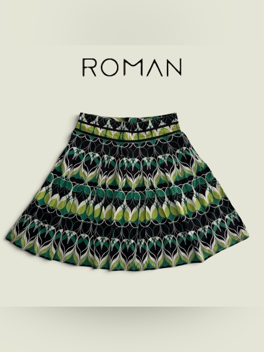 ROMAN Women’s Green & Black Botanical Art Deco Print Flared Pleated Skirt - Picture 2 of 6